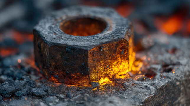 Heated steel nut glowing orange among embers on a forge surface - Powered by Adobe