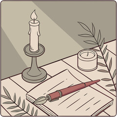 Vector art of an atmospheric illustration of a writers desk with a candle, notebook, and pen, creating a mood of introspection, creativity, and focus in a classic style