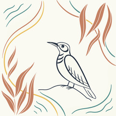 Vector art of a stylized illustration of a bird perched on a branch, surrounded by abstract leaves and flowing lines, creating a natureinspired design with a clean and modern aesthetic