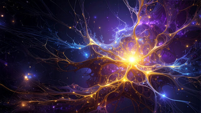A captivating abstract visual representing dynamic brain activity or a vast neural network. Features glowing energy strands in vibrant gold, blue, and purple against a dark, cosmic background.