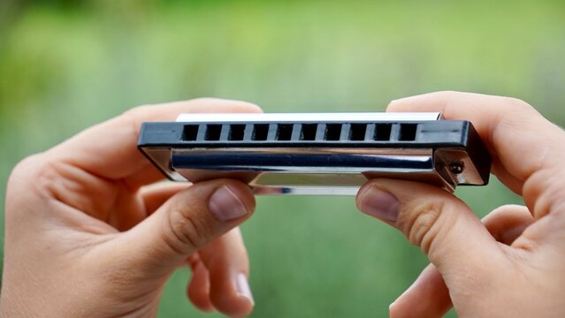  kid's hands holding a harmonica against natural background     - Powered by Adobe