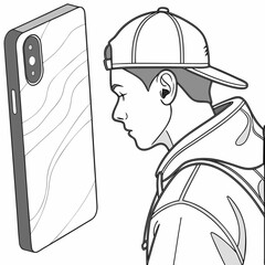 Vector art of a modern black and white illustration depicts a stylish young man wearing a cap and hoodie, looking at a smartphone with a sleek case, showcasing contemporary fashion and technology