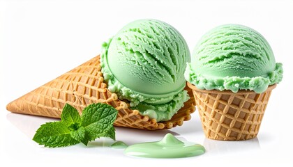 Fototapeta premium Fresh Mint Ice Cream Cones with Mint Leaves on a White Background