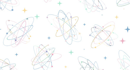 Hand drawn atomic structures in a seamless scientific pattern.