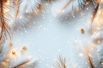 Elegant white feather and gold glitter background with soft light and sparkles