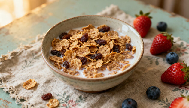 A healthy morning breakfast bowl of raisin bran cereal with milk, fresh organic strawberries, and blueberries. A wholesome and nutritious meal for a balanced diet and lifestyle.