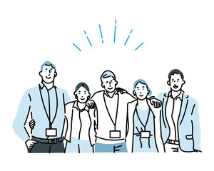 肩を組む仲良しビジネスパーソンーチームワークー上半身ービジネスチームーシンプルベクターイラスト素材