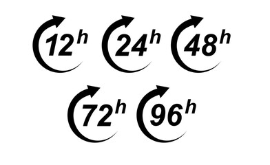 Hour icon 12, 24, 48 and 72 hours clock arrow. Fast service Work time effect or delivery service time icons 24 hours sign. Vector