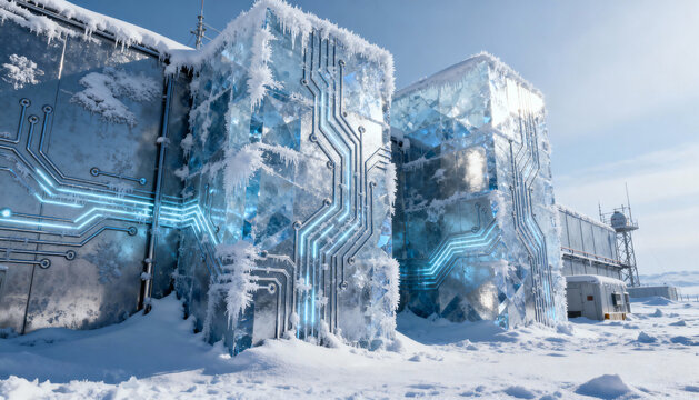 Futuristic AI data center concept with glowing blue circuit boards on ice server blocks. Abstract technology background of a server farm in a frozen arctic research station. - Powered by Adobe