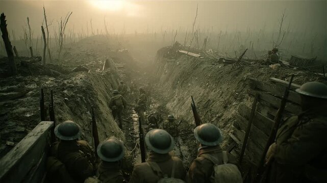 A group of distinctively uniformed soldiers, some wearing gas masks, stand huddled together or looking out over the parapet. WW2 AI generated scene