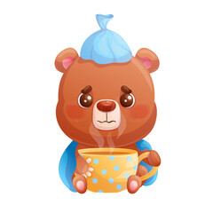 Funny cute sick bear is sitting with a cup of hot drink and an ice pack on his head on a white background. Cartoon children's vector illustration for the design of postcard, card, textile, sticker