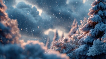 Serene winter wonderland, snow-covered evergreens in a delicate snowfall scene