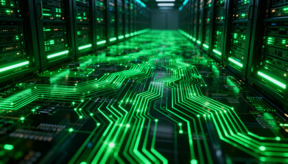 Futuristic server room in data center with glowing green circuit board floor. Technology background for big data, AI, cloud computing, supercomputer, network and internet concept.