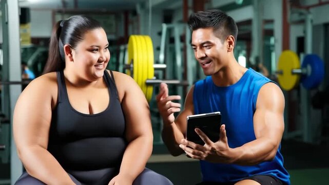 Personal fitness trainer and overweight client discussing training program with digital tablet in modern gym. Exercise planning, weight loss support, workout coaching and healthy lifestyle motivation.
