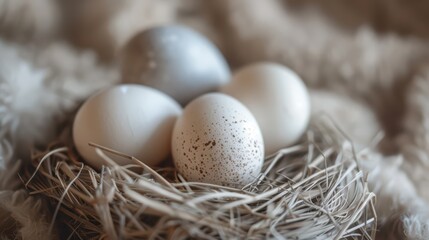 Celebration of world egg day with eggs in a natural nest setting. Horizontal banner. Copy space. World Farm Animals Day. World Bird Day. Healthy farm food