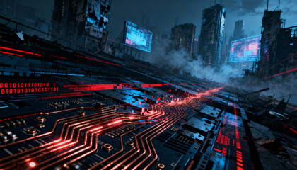 Cyberpunk cityscape with a glowing circuit board. Digital data stream, binary code, holographic screens in a dystopian metropolis. Technology, AI, and metaverse concept.