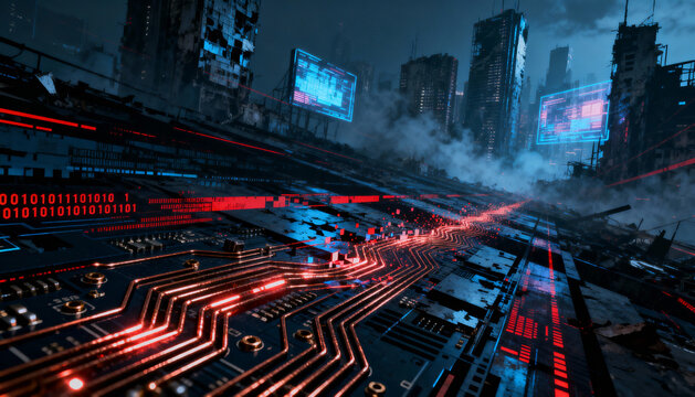 Cyberpunk cityscape with a glowing circuit board. Digital data stream, binary code, holographic screens in a dystopian metropolis. Technology, AI, and metaverse concept. - Powered by Adobe