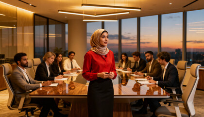 Confident Muslim business woman in hijab leads diverse team meeting in modern office. Female executive giving presentation. Concept of corporate leadership, inclusion, and success.