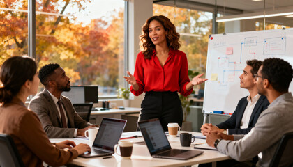 Diverse team of professionals in a corporate meeting. Confident mixed-race female manager leading a presentation, explaining a strategy flowchart on a whiteboard. Teamwork.