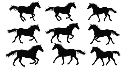 nine black horse silhouettes galloping dynamically across white background