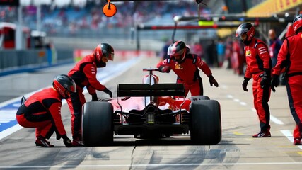 Red Formula 1 racing car in the pit lane with team crew in red uniform preparing for the race. Professional motorsport, teamwork during pit stop. - Powered by Adobe