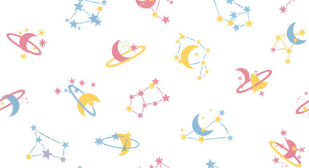 Whimsical seamless pattern of colorful celestial bodies and constellations.