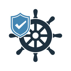 Fototapeta premium Nautical ship wheel with security shield and check mark icon for safety