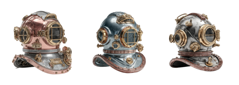 Vintage Diving Helmets Trio: Retro Copper, Steel, and Aged Metal Designs for Underwater Exploration, PNG set Transparent background