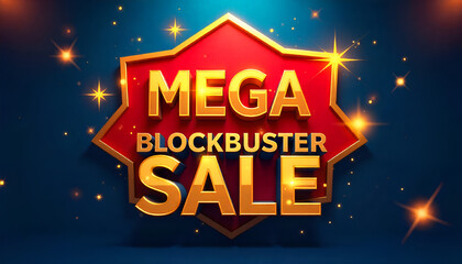 Festive Diwali Navratri background with Mega Blockbuster sale logo design. Offer, shopping, Sparklers, fireworks, golden retro, 3d typography, lights on dark blue