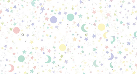 Pastel Celestial Pattern with Moons, Stars, and Planets.