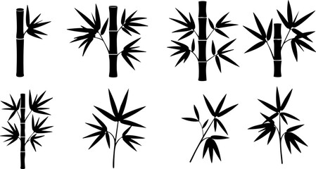 Art & IllustratCollection of eight black silhouette tree illustrations: evergreen, palm, and various deciduous trees.ion