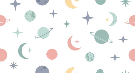 Cute Pastel Hand Drawn Celestial Space Pattern.