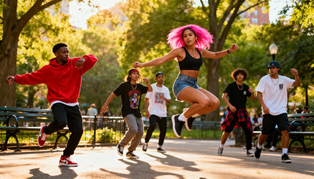 Dynamic multiethnic group of young hip hop dancers performing in a sunny park. Energetic street dance crew with a woman jumping. Concept of youth culture, freedom, and urban lifestyle.