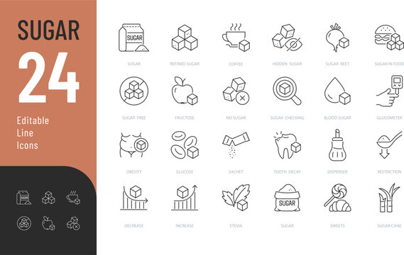 Sugar line Editable Icons set. Vector illustration in modern thin line style of glucose, stevia, sweets, and more. Isolated on transparent background.