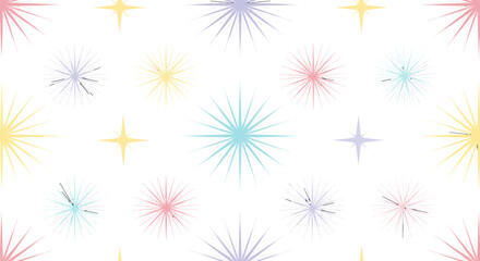 Colorful starbursts and sparkles on a white background, festive and bright.