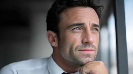 Thoughtful businessman portrait window light focus male formal office contemplative
