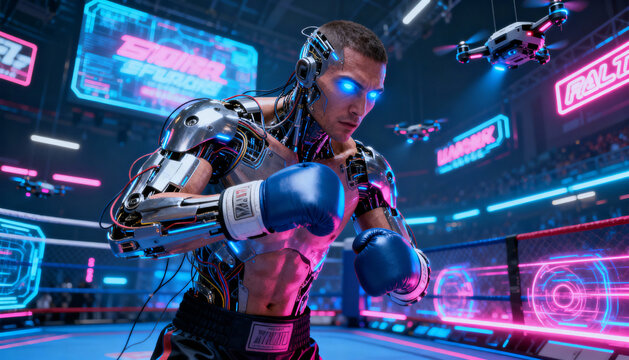 Cyberpunk cyborg boxer with glowing eyes in a futuristic neon arena. Robotic man with metallic body. AI in sport, future technology, strength and power. Cyber sport concept. - Powered by Adobe