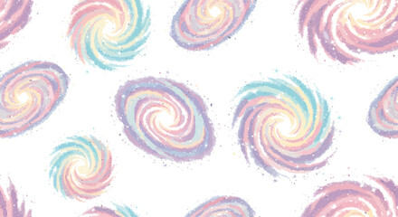 Colorful spiral galaxies in a seamless pattern, abstract cosmic design.