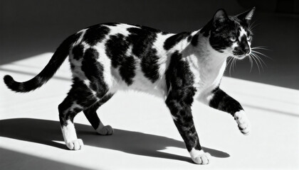 Elegant harlequin cat with black and white patches walking gracefully. Domestic feline isolated on a white background with dramatic lighting and strong shadows. Minimalist pet portrait.
