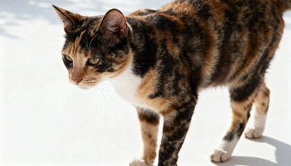 Beautiful harlequin calico cat standing isolated on a white background. Domestic shorthair tortoiseshell feline with tricolor coat perfect for pet care or veterinary concepts.