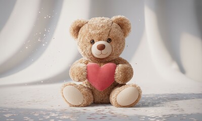 Fototapeta premium Cute Teddy Bear Holding Heart Plush Toy in Soft White Background