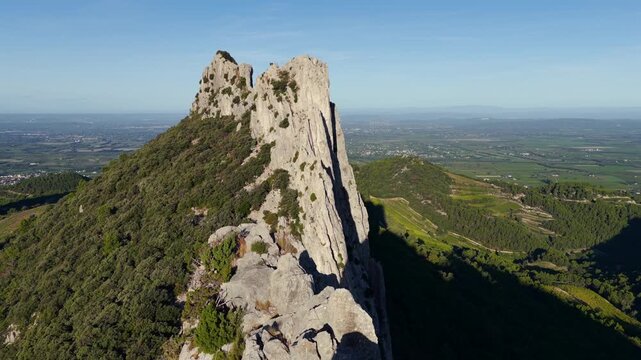 Aerial flyover above the Dentelles de Montmirail in Provence France at Le Mont Ventoux