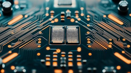 Obraz premium Futuristic circuit board pattern photographed with mirrorless 50mm lens, shallow depth highlighting central circuits, glowing orange highlights