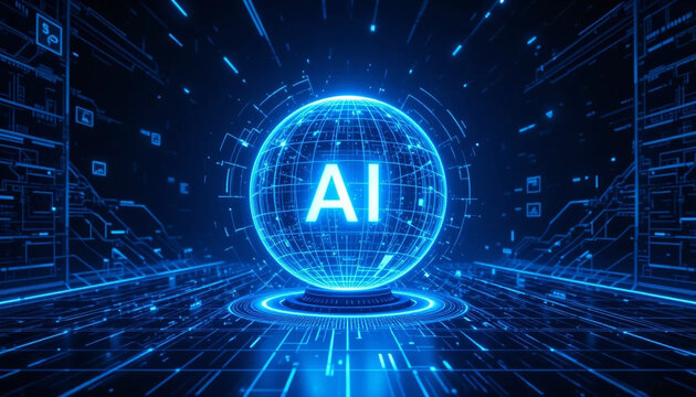 Futuristic AI Digital Sphere with Glowing Data and Cyber Interface