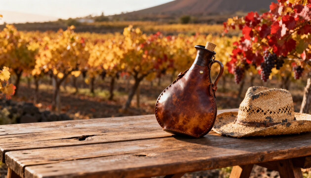 Rustic still life with traditional Spanish leather bota wineskin, straw hat on a wooden table. Autumn vineyard landscape with golden vines, ripe grapes during harvest.