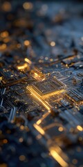 Close-up of a complex circuit board with glowing orange pathways, suggesting technological advancement or data flow.  The depth of field blurs the edges, focusing on a central processor-like component