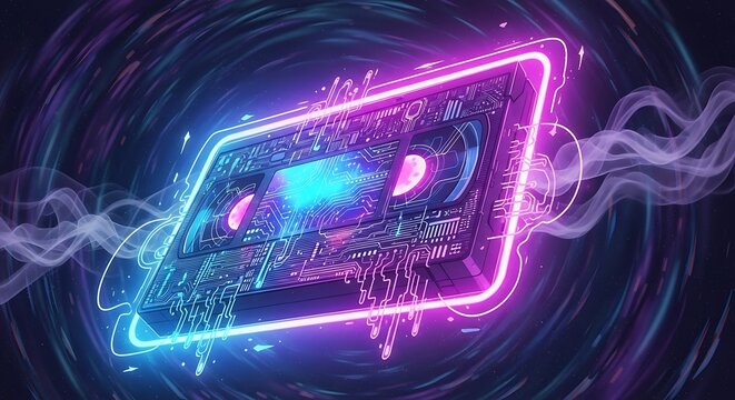 Neon cassette tape futuristic design for music lovers and retro tech enthusiasts digital art illustration
