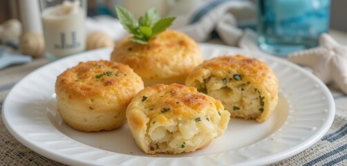 Quiche and Cheese Rolls Served on a White Plate, Styled with Coastal Elements for a Refreshing Beachy Atmosphere.
