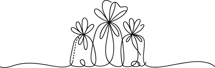 Three tied sacks with floral tops bags outline