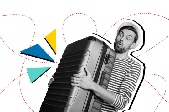 Composite trend artwork sketch image photo collage of summer vacation travel trip tourism way journey baggage young guy carry suitcase